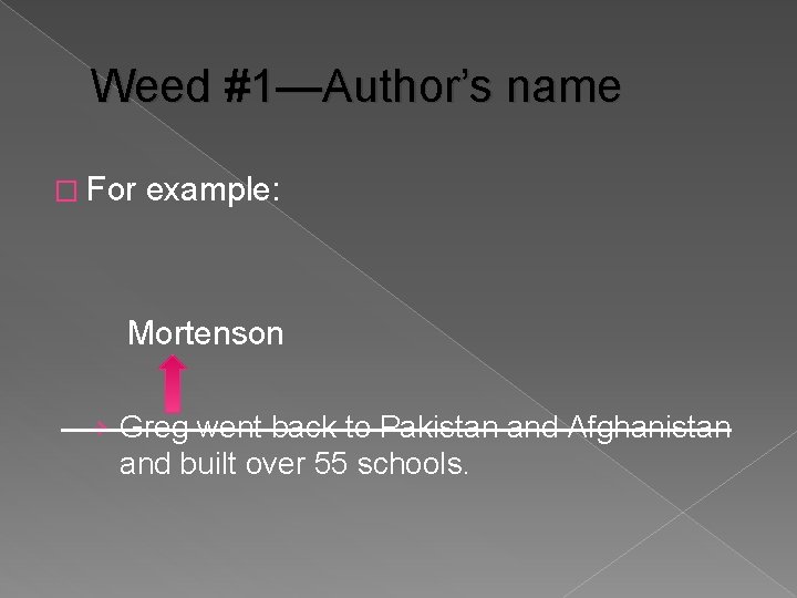 Weed #1—Author’s name � For example: Mortenson › Greg went back to Pakistan and
