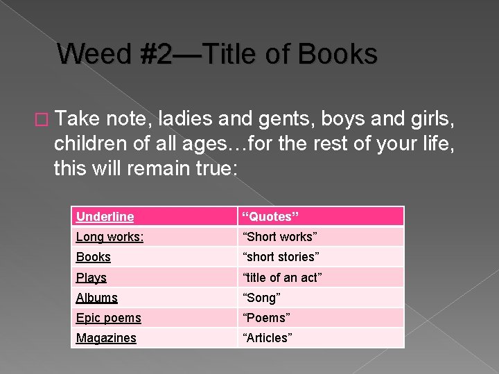 Weed #2—Title of Books � Take note, ladies and gents, boys and girls, children