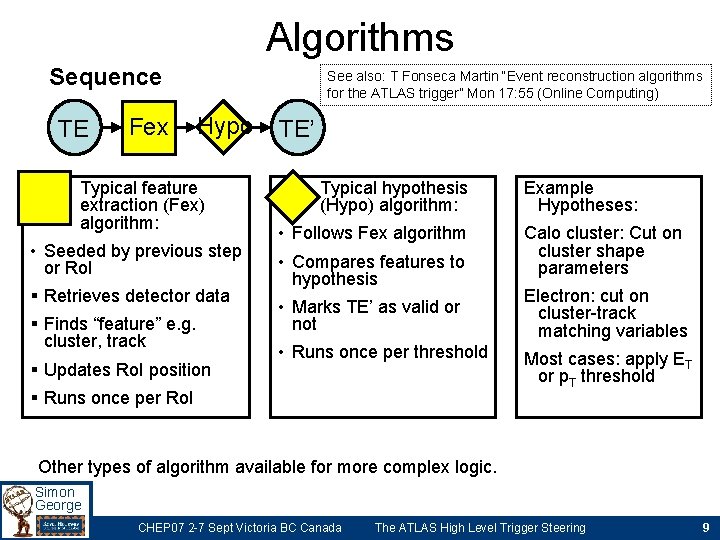 Algorithms Sequence TE Fex See also: T Fonseca Martin “Event reconstruction algorithms for the Algorithms Sequence TE Fex See also: T Fonseca Martin “Event reconstruction algorithms for the