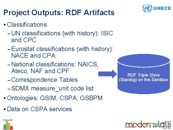 Project Outputs: RDF Artifacts • Classifications – UN classifications (with history): ISIC and CPC