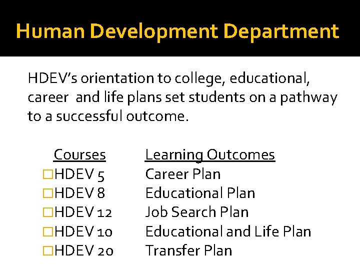 Human Development Department HDEV’s orientation to college, educational, career and life plans set students