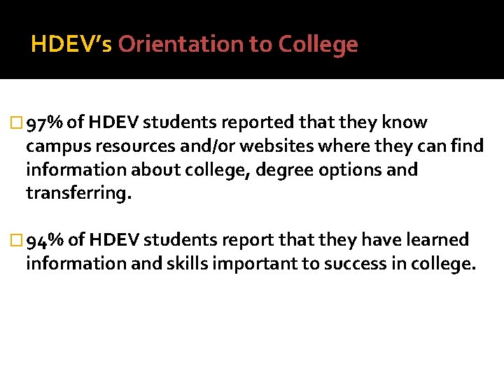 HDEV’s Orientation to College � 97% of HDEV students reported that they know campus