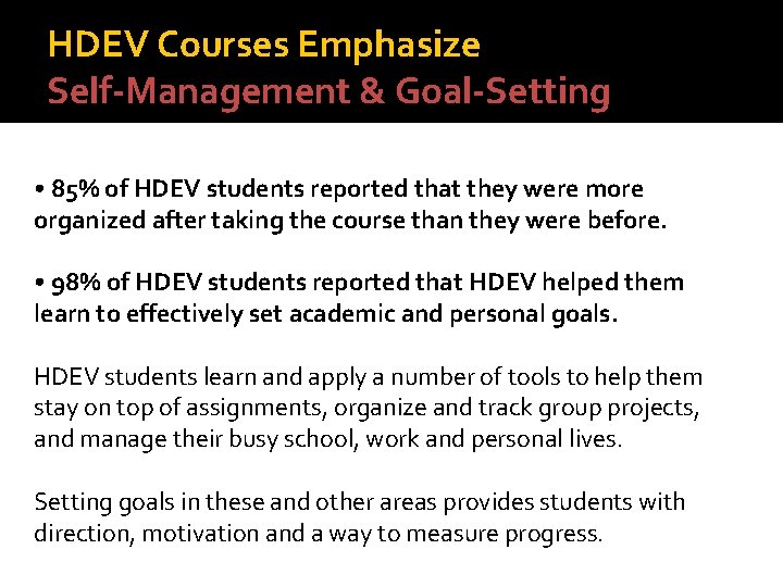 HDEV Courses Emphasize Self-Management & Goal-Setting • 85% of HDEV students reported that they