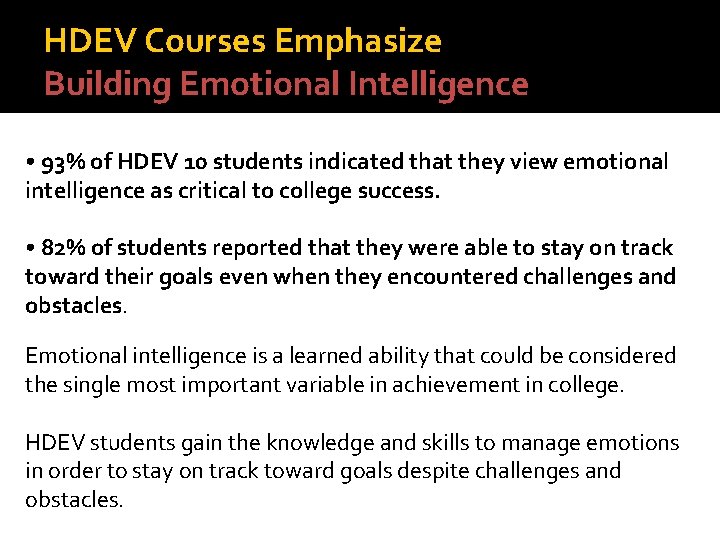 HDEV Courses Emphasize Building Emotional Intelligence • 93% of HDEV 10 students indicated that