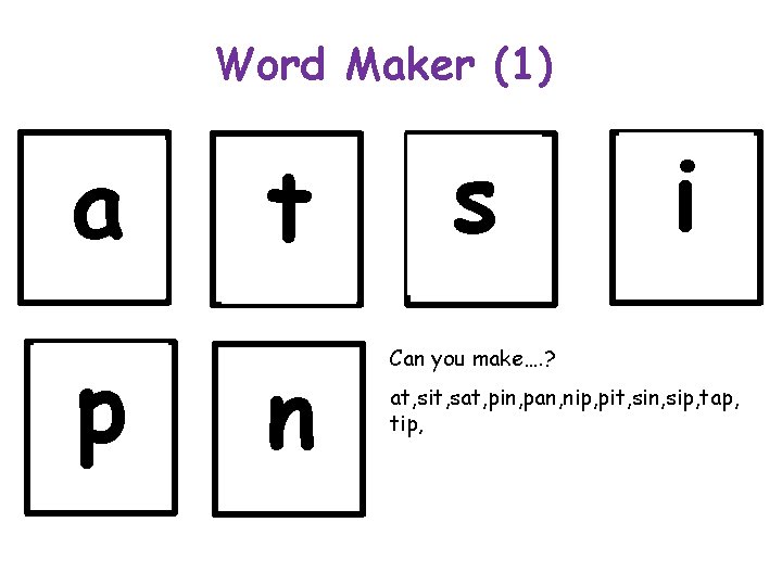 Word Maker (1) a t s p n Can you make…. ? i at,