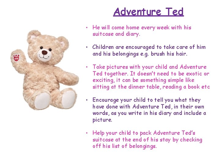 Adventure Ted • He will come home every week with his suitcase and diary.