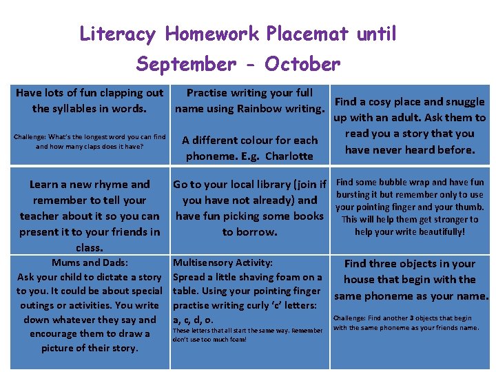 Literacy Homework Placemat until September - October Have lots of fun clapping out Practise