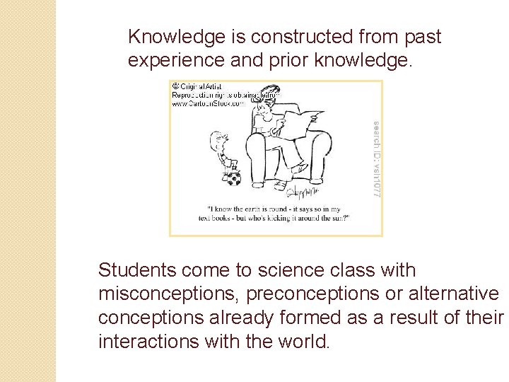Knowledge is constructed from past experience and prior knowledge. Students come to science class