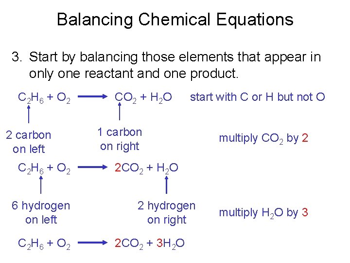 Balancing Chemical Equations 3. Start by balancing those elements that appear in only one