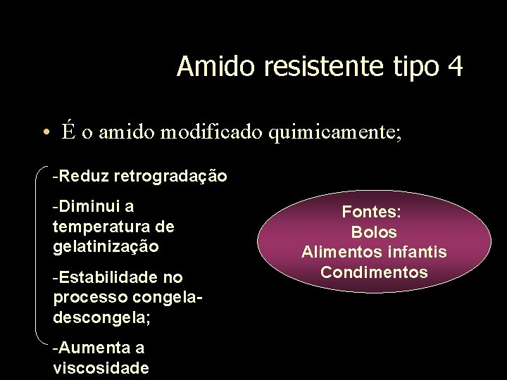 Amido resistente tipo 4 • É o amido modificado quimicamente; -Reduz retrogradação -Diminui a