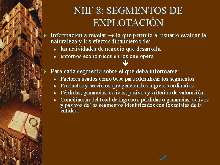 NIIF 8: SEGMENTOS DE EXPLOTACIÓN Información a revelar la que permita al usuario evaluar