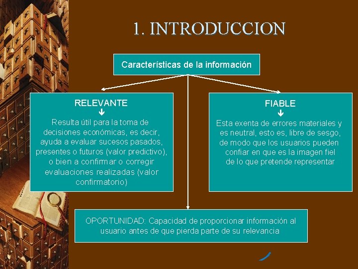 1. INTRODUCCION Características de la información RELEVANTE Resulta útil para la toma de decisiones