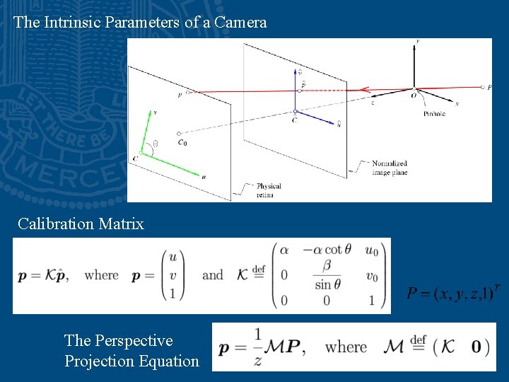 The Intrinsic Parameters of a Camera Calibration Matrix The Perspective Projection Equation 