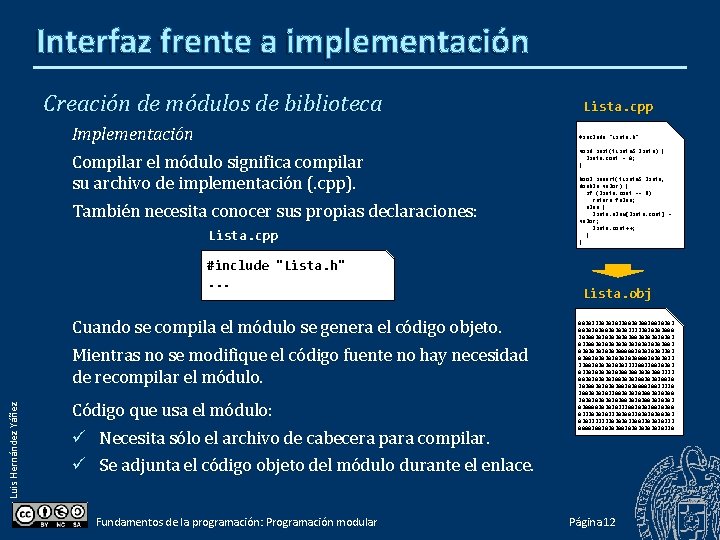 Interfaz frente a implementación Creación de módulos de biblioteca Implementación Compilar el módulo significa