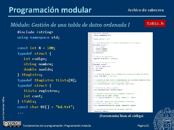 Programación modular Archivo de cabecera tabla. h Módulo: Gestión de una tabla de datos