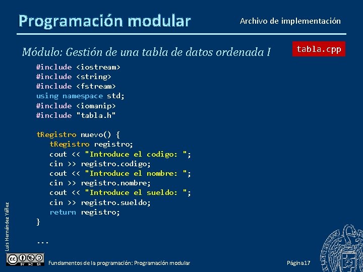 Programación modular Archivo de implementación Módulo: Gestión de una tabla de datos ordenada I