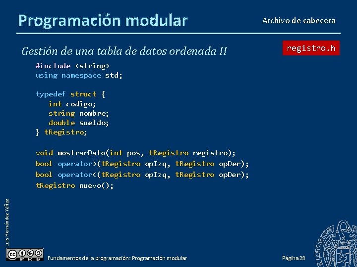 Programación modular Gestión de una tabla de datos ordenada II Archivo de cabecera registro.