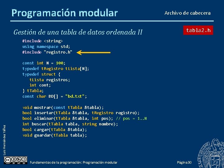 Programación modular Gestión de una tabla de datos ordenada II Archivo de cabecera tabla