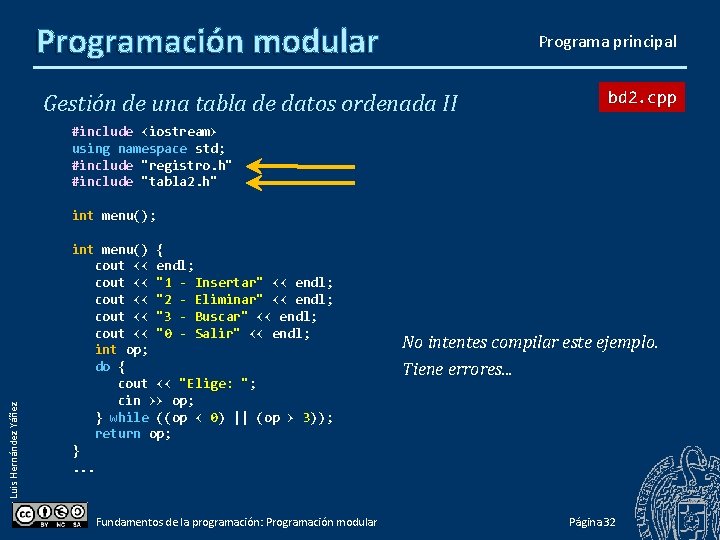 Programación modular Programa principal Gestión de una tabla de datos ordenada II bd 2.