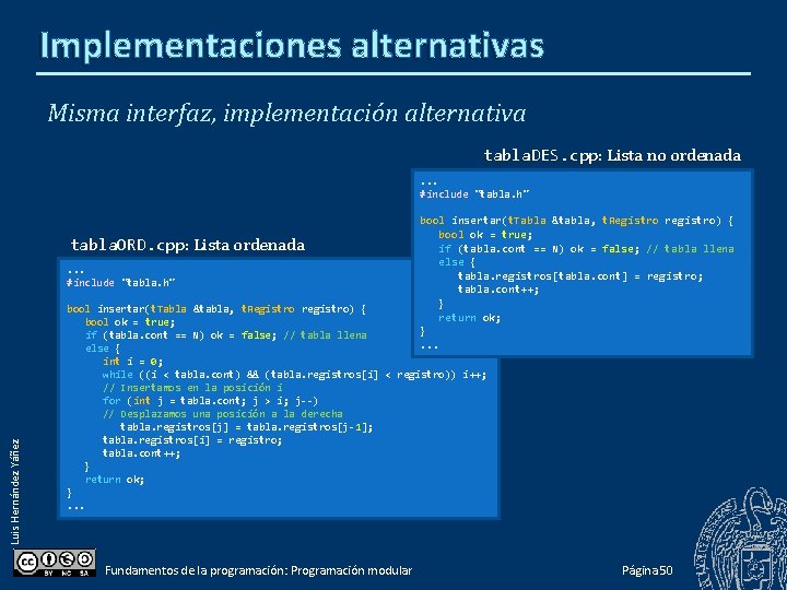 Implementaciones alternativas Misma interfaz, implementación alternativa tabla. DES. cpp: Lista no ordenada. . .
