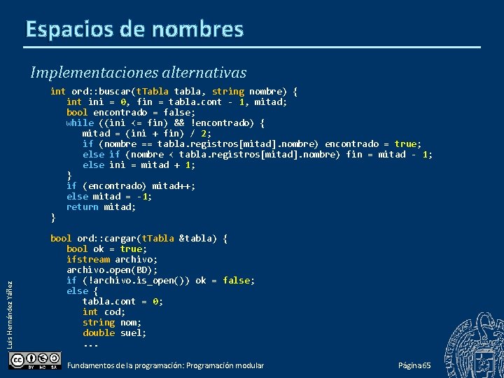 Espacios de nombres Implementaciones alternativas Luis Hernández Yáñez int ord: : buscar(t. Tabla tabla,
