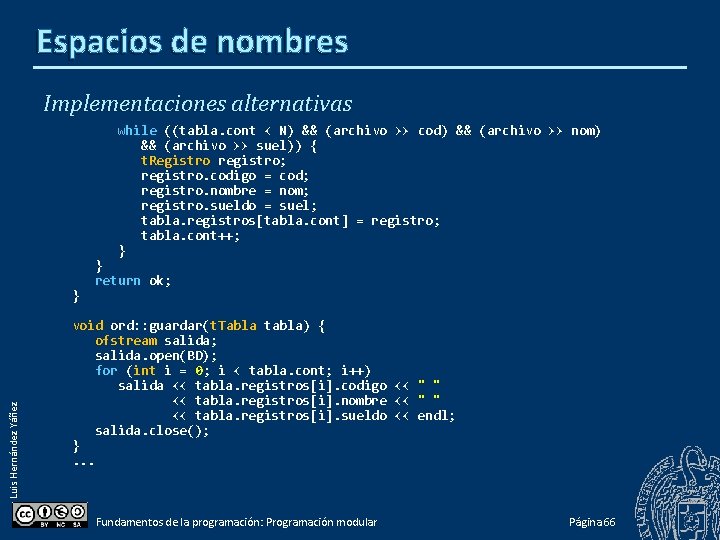 Espacios de nombres Implementaciones alternativas while ((tabla. cont < N) && (archivo >> cod)