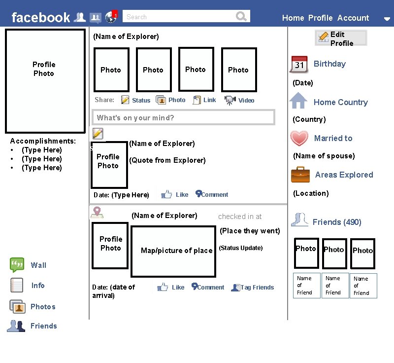 facebook 1 Search Home Profile Account Edit Profile (Name of Explorer) Profile Photo Birthday