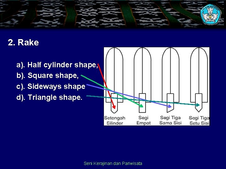 2. Rake a). Half cylinder shape, b). Square shape, c). Sideways shape d). Triangle 2. Rake a). Half cylinder shape, b). Square shape, c). Sideways shape d). Triangle