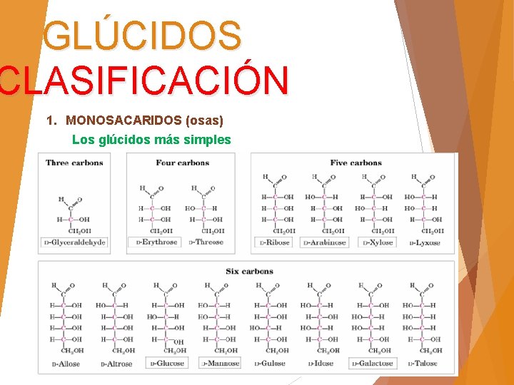 GLÚCIDOS CLASIFICACIÓN 1. MONOSACARIDOS (osas) Los glúcidos más simples 