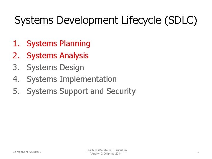 Systems Development Lifecycle (SDLC) 1. 2. 3. 4. 5. Systems Systems Component 4/Unit 9