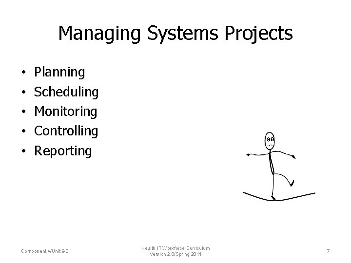 Managing Systems Projects • • • Planning Scheduling Monitoring Controlling Reporting Component 4/Unit 9