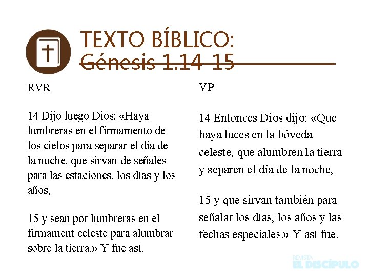 TEXTO BÍBLICO: Génesis 1. 14 -15 RVR VP 14 Dijo luego Dios: «Haya lumbreras