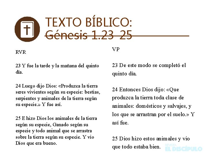 TEXTO BÍBLICO: Génesis 1. 23 -25 RVR VP 23 Y fue la tarde y