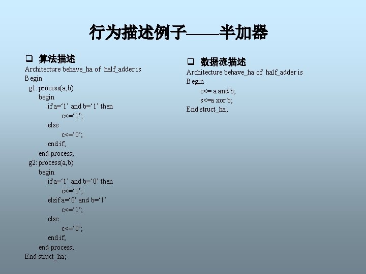 行为描述例子——半加器 q 算法描述 Architecture behave_ha of half_adder is Begin g 1: process(a, b) begin