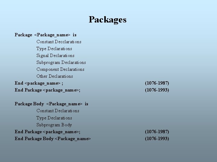 Packages Package <Package_name> is Constant Decclarations Type Declarations Signal Declarations Subprogram Declarations Component Declarations