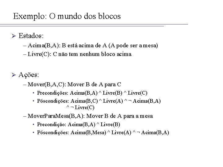 Exemplo: O mundo dos blocos Ø Estados: – Acima(B, A): B está acima de