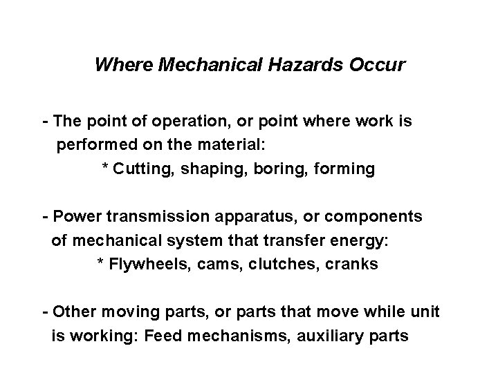 Where Mechanical Hazards Occur - The point of operation, or point where work is