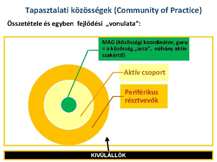 Tapasztalati közösségek (Community of Practice) Összetétele és egyben fejlődési „vonulata”: MAG (közösségi koordinátor, guru