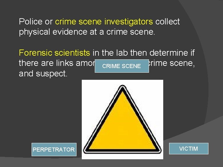 Police or crime scene investigators collect physical evidence at a crime scene. Forensic scientists