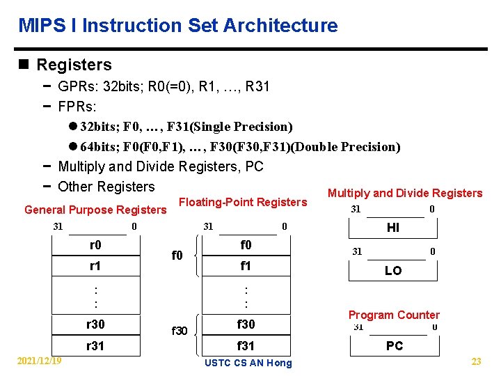 MIPS I Instruction Set Architecture n Registers − GPRs: 32 bits; R 0(=0), R