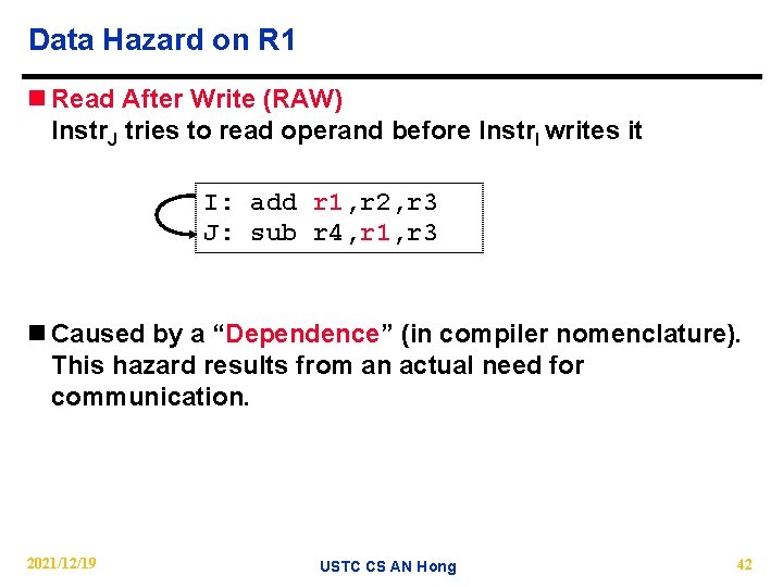 Data Hazard on R 1 n Read After Write (RAW) Instr. J tries to