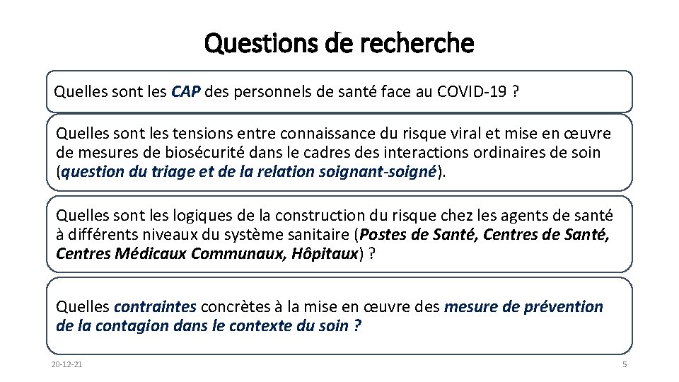Questions de recherche Quelles sont les CAP des personnels de santé face au COVID-19