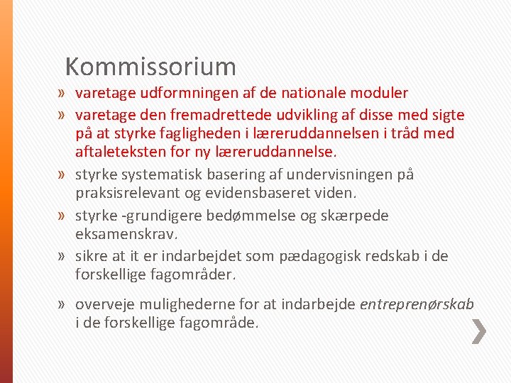 Kommissorium » varetage udformningen af de nationale moduler » varetage den fremadrettede udvikling af