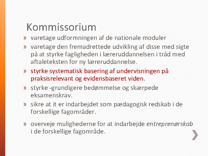 Kommissorium » varetage udformningen af de nationale moduler » varetage den fremadrettede udvikling af