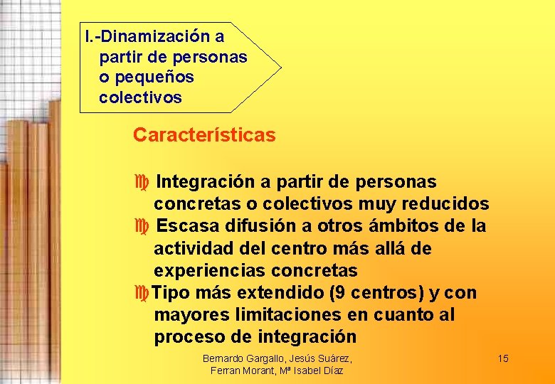 I. -Dinamización a partir de personas o pequeños colectivos Características Integración a partir de