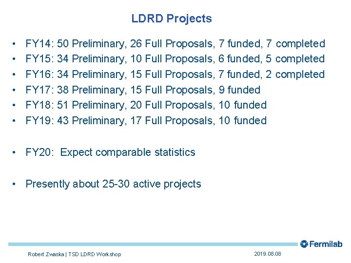 LDRD Projects • • • FY 14: 50 Preliminary, 26 Full Proposals, 7 funded,