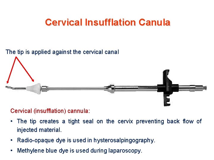 Cervical Insufflation Canula The tip is applied against the cervical canal Cervical (insufflation) cannula: