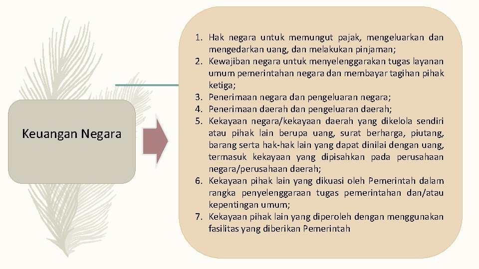 Keuangan Negara 1. Hak negara untuk memungut pajak, mengeluarkan dan mengedarkan uang, dan melakukan