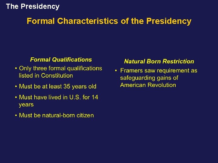 The Presidency Formal Characteristics of the Presidency 