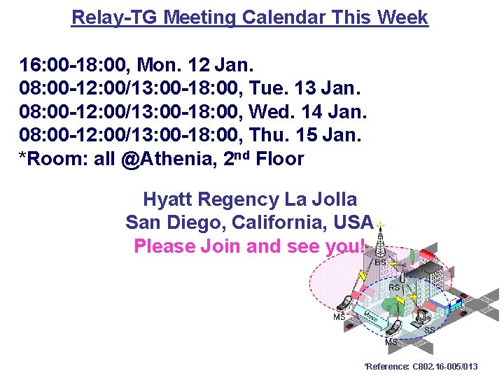 Relay-TG Meeting Calendar This Week 16: 00 -18: 00, Mon. 12 Jan. 08: 00